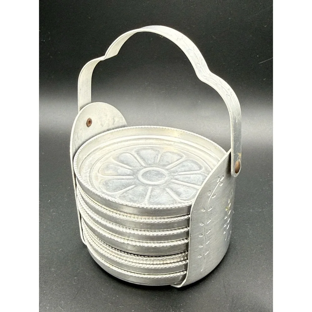 Vintage Set 7 Coasters & Holder MID-CENTURY Hand Forged Aluminum Daisy Motif MCM